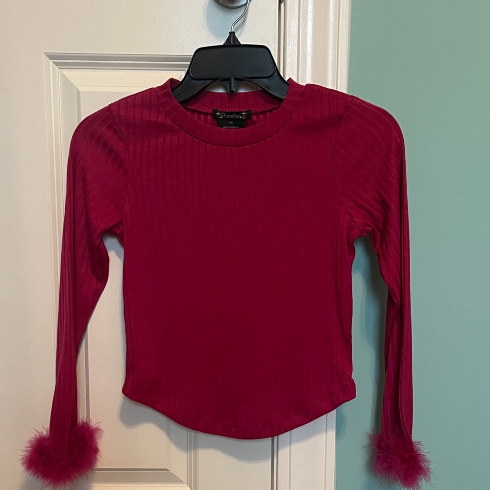 Xtraordinary Red Long Sleeve Top with Feather Cuffs